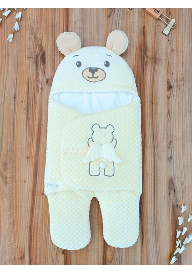 Kışlık Bebebk Battaniyesi Ayaklı Dış Kundak Yumuşak Dokulu Sevimli Ayıcık Nakış Arya Kumaş Pamuklu Ekru