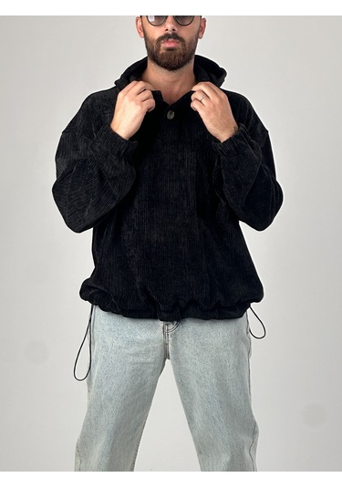 Kadife Dokulu Siyah Oversize Kapüşonlu Erkek Sweatshirt Coc1038 Siyah
