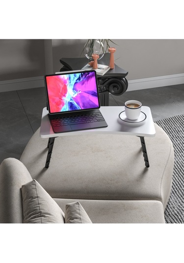 Alpa Ev Mobilya Katlanabilir Laptop Sehpası, Taşınabilir Katlanır Masa, Kahvaltı Ve Çalışma Masası Beyaz