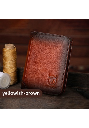 Hangfox Erkek Deri Cüzdan Rfıd Korumalı, İlk Derece Deri, Retro Dikey Tip, Ehliyet Ve Para Taşıma, Sarı Kahverengi Sarı - Kahverengi