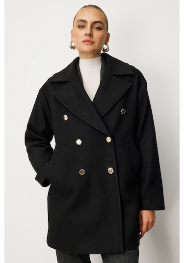 Ekol Kadın Kruvaze Yaka Yan Cepli Kaban 6093 Siyah Siyah