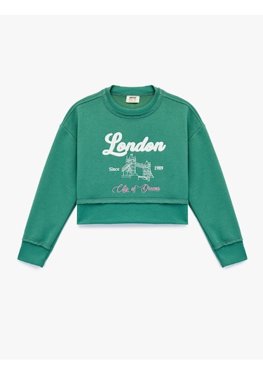 Koton Şardonlu Uzun Kollu Bisiklet Yaka Baskılı Sweatshirt Yeşil 6wkg10178ak Yeşil