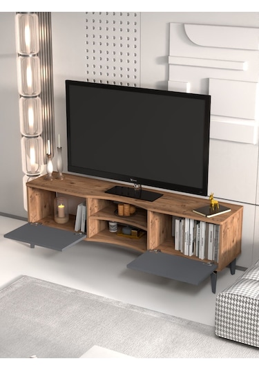 Tv Sehpası Tv Ünitesi Vera Atlantik Çam Antrasit Gold Çizgili 5050 Sarı