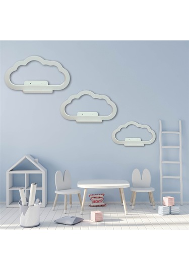 3lü Uçan Bulut Dekoratif Beyaz Ahşap Duvar Rafı Çocuk Odası Salon Mutfak Duvar Dekor Raf Seti Diğer