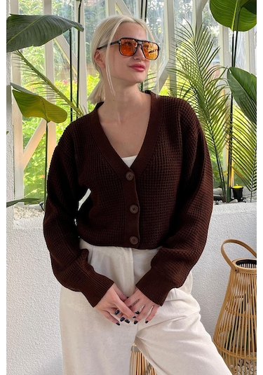 Madmext Kahverengi Uzun Kollu Düğmeli Crop Hırka Mg2198 Kahverengi