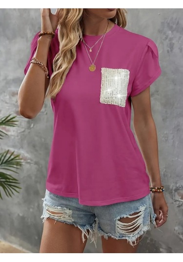 Kadın Kısa Kollu Bisiklet Yaka Cep Pul Payet Detay Viskon Bluz Pembe