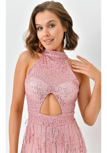 Kadın Mini Pul Payet Saçaklı Abiye Elbise Nbswll05 Pudra