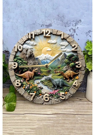 Sessiz Yuvarlak Ahşap Duvar Saati, Kuvars Dinazorlar 2d Sdw027 Renkli