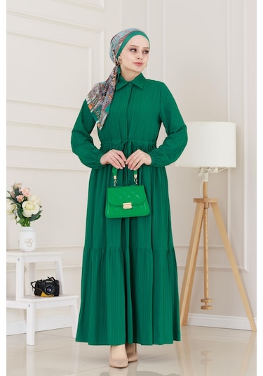 Gömlek Yaka Beli Tünelli Sare Elbise-zümrüt Yeşili-5068 Zümrüt Yeşili