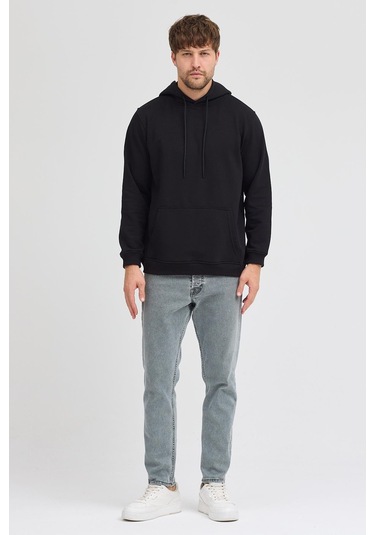 Erkek Siyah Standart Fit Normal Kesim Içi Polarlı 3 Iplik Kapüşonlu Pamuklu Sweatshirt Siyah