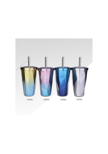 Xiyyadms 500ml Çift Duvarlı Paslanmaz Çelik Termos Bardak - 6 Saat Isı Saklama, Damlacık Önleyici Kapağı Ve Pipet İle Siyah Diamant Desen Siyah