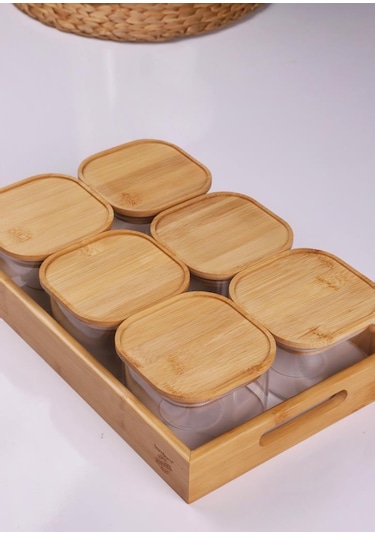 Duo 400ml 6'lı Bambu Beyaz Mermer Desen Tepsili Bambu Vakumlu Kapaklı Cam Kahvaltılık Bambu