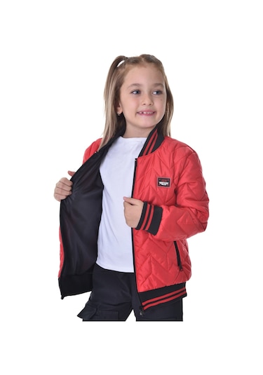 Kız Çocuk Kırmızı Kolej Yaka İçi Astarlı Su Ve Rüzgar Geçirmez Fermuarlı Cep Mont Ceket Kırmızı
