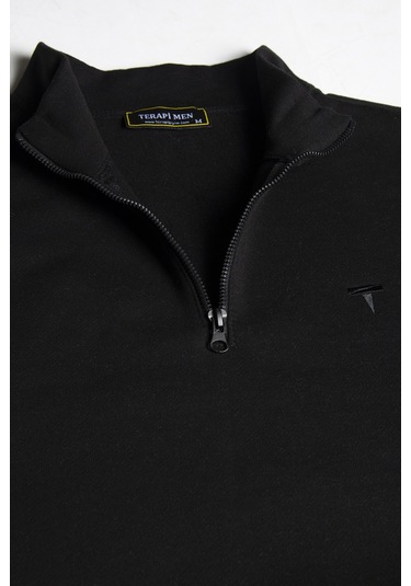Erkek Siyah Rahat Kalıp Yarım Fermuarlı Bato Yaka Basic Sweatshirt 21k-5200179-2. Siyah