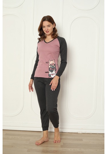 Fawn 04-3024 İnterlok Kumaş Minnoş Kedili Kışlık Ev Kadın Pijama Takımı Koyu Lila
