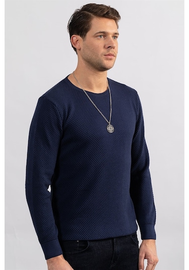 Tudors Slim Fit Dar Kesim Bisiklet Yaka Petek Desenli Erkek Kazak-23477 Lacivert