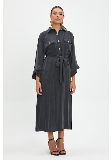 Kadın Düğme Detaylı Kemerli Elbise - Cep Tasarımlı, Modern Ve Rahat Stil - Günlük Ve Şık Kullanımlar İçin Elbise Siyah