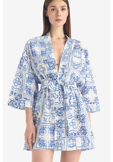 Defacto Regular Fit Desenli Kuşaklı Pamuklu Kimono-fall İn Love D0453ax25spbe758 Mavi