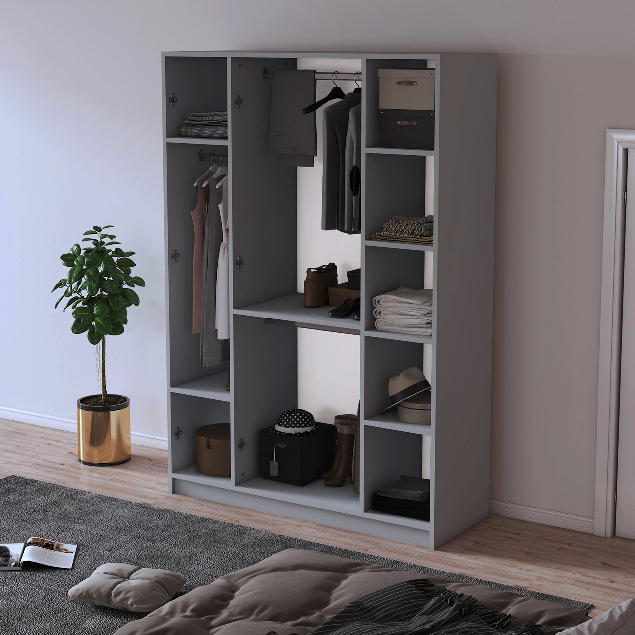 %100 Mdflam 4 Kapaklı Gardrop 120cm G-08 Gri