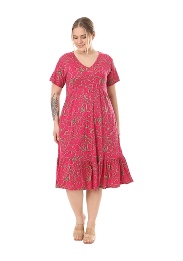 Melsay Butik Göğüsten Robalı V Yaka Kısa Kollu Pembe Çiçek Desenli Cepli Elbise Pembe