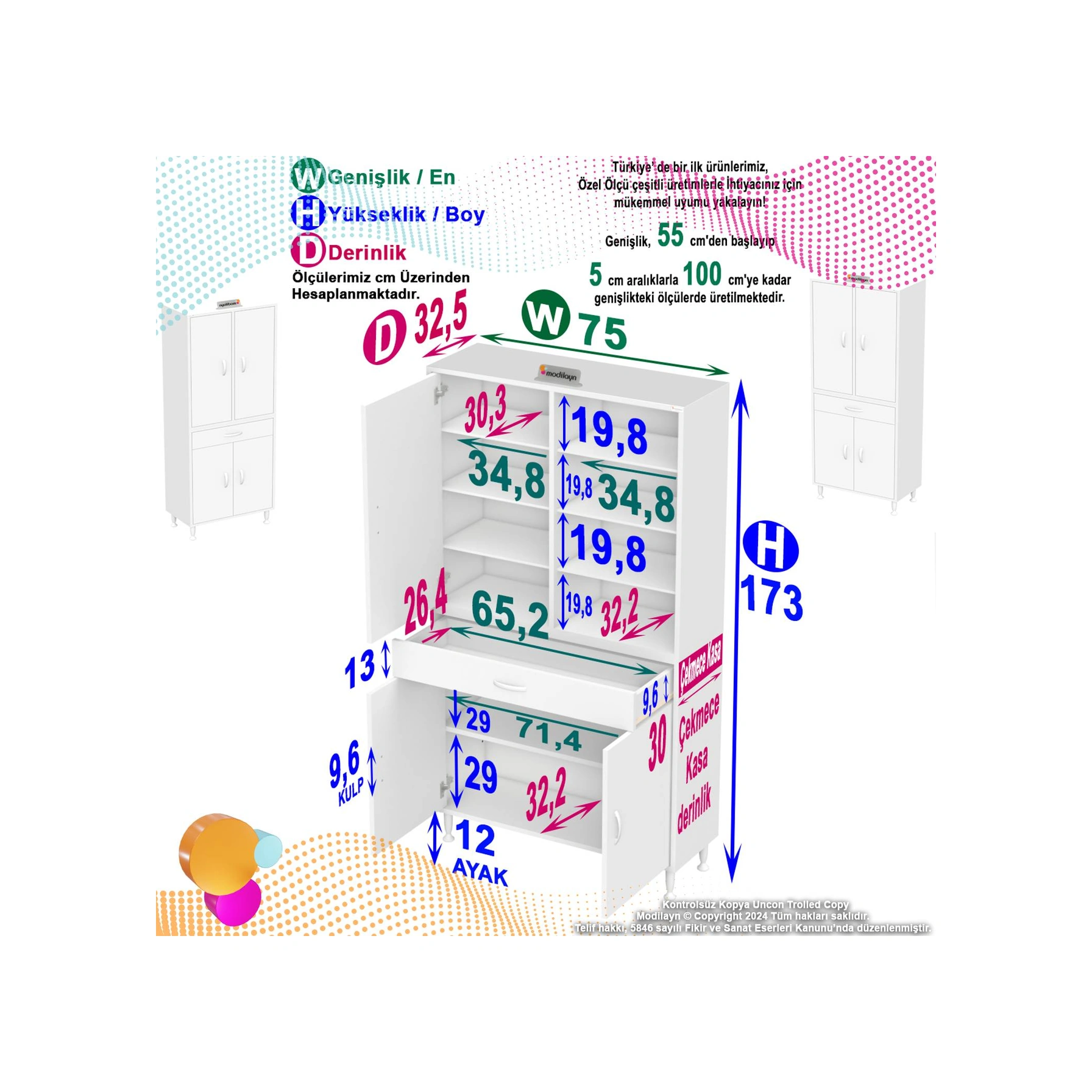 Sare Banyo Ve Mutfak Dolabı Çok Amaçlı Dolap Tek Çekmece 4 Kapak 7 Raf 10 Bölme 75x173x32,5 Cm Beyaz