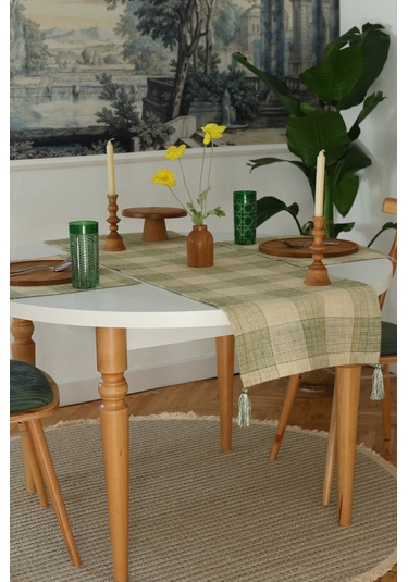 Yakacihome Juta Yeşil 5 Parça 4 Parça Amerikan Servis & 1 Parça Püsküllü Runner Jüt Kumaş Sofra Seti Yeşil