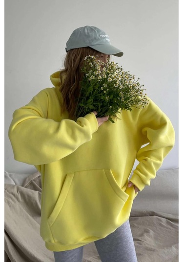 Madmext Sarı Kapüşonlu Şardonlu Oversize Sweatshirt Mg1566 Sarı