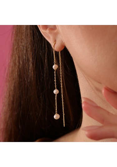 Queen Silver Jewelry 925 Ayar Gümüş. İnci Örme Sallantılı Japon Küpe Altın