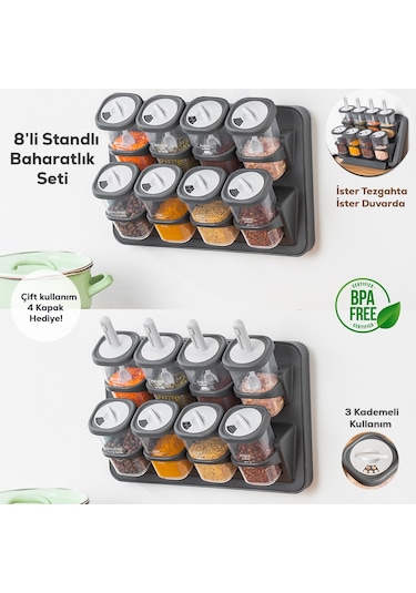 Porsima 1117 Standlı Kaşıklı 360° Döner Kapaklı Baharatlık Seti Antrasit - Gri
