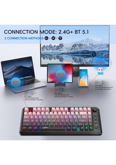Hxsj L400 Üç Modlu Wireless Rgb Işık Ince Film 81 Tuş Klavye Grafiği Siyah Pembe