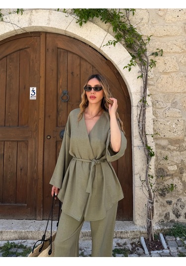 Laluvia Haki Tek Düğmeli Kuşaklı Kimono Takım - 007