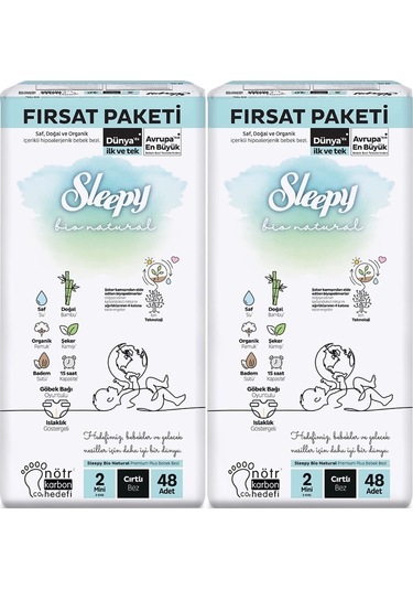 Sleepy Bebek Bezi Bio Natural Beden:2 3-6kg Mini 96 Adet 2 Numara 2'li