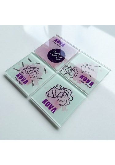 Decorita Cam Bardak Altlığı Burçlar - Kova Burcu 4'lü Takım Çok Renkli