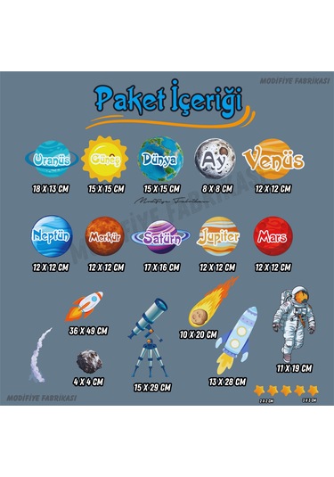 Uzay Temalı Çocuk Bebek Odası Duvar Sticker Seti Siyah