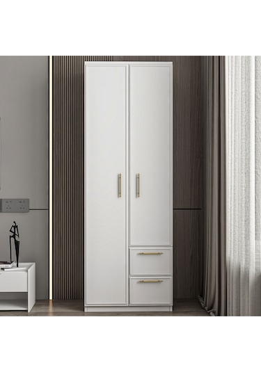 Vespera Çıta Detaylı, 2 Kapaklı, Çekmeceli Gardırop Beyaz, 60 Cm
