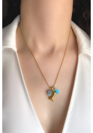 Kadın Çelik Kolye Elips Boncuk Zincir Deniz Kızı Kuyruğu Kolye Altın