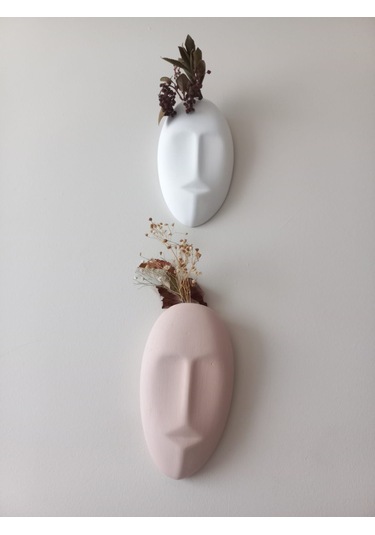 Dekoratif 2'li Yüz Duvar Vazosu, Duvar Süsü ,heykel Aksesuar Beyaz Bej