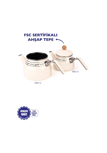 Mood Emaye Çaydanlık Takımı Ahşap Tepeli Krem