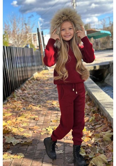 Riccotarz Kız Çocuk Yakası Çıkarılabilir Kürklü Kazak Çift Cepli Triko Bordo Alt Üst Takım Bordo