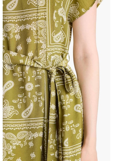 Defacto A Kesim Yuvarlak Yaka Desenli Kısa Kollu Midi Elbise F4770ax25aukh255 Haki