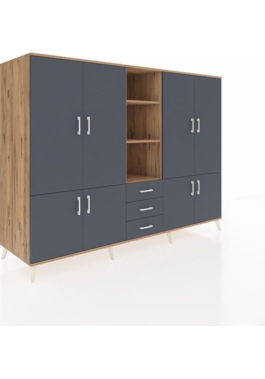 Kronos Dolap 11 Raflı 3 Çekmeceli 8 Kapaklı 220x59x163 Çam-antras Çam-antrasit