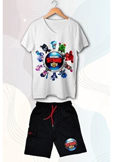 Erkek Çocuk Brawl Stars Karakter Baskılı Tişört Ve Şort Takımı Beyaz