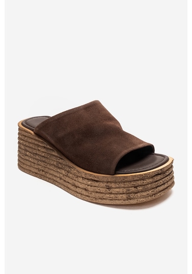 Luvishoes Marc Kahverengi Süet Hakiki Deri Dolgu Topuklu Kadın Terlik