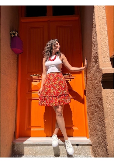 Buse Vual Kısa Etek Tomurcuk Desen Turuncu 6168