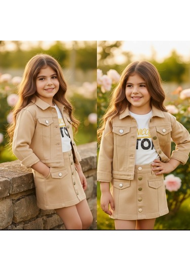 Denim Kız Çocuk Gabardin 3 Parça Etekli Takım - 2/12 Yaş - 31527 Çok Renk