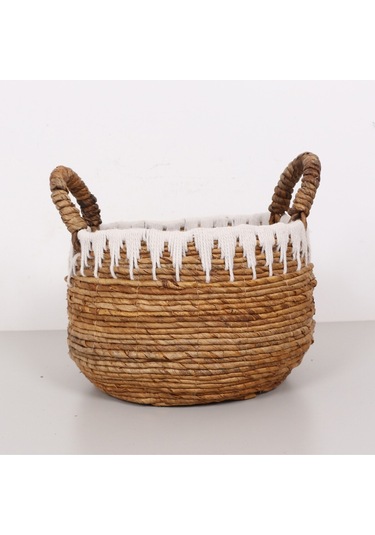 Avanos Doğal Abaka El Yapımı Yuvarlak Kulplu Sepet 35x32x32 Cm Bej