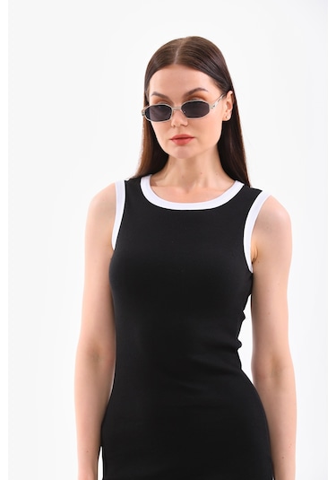 Beyaz Biyeli Kolsuz Diz Altı Fitilli Esnek Siyah Kalem Elbise Beyaz - Siyah