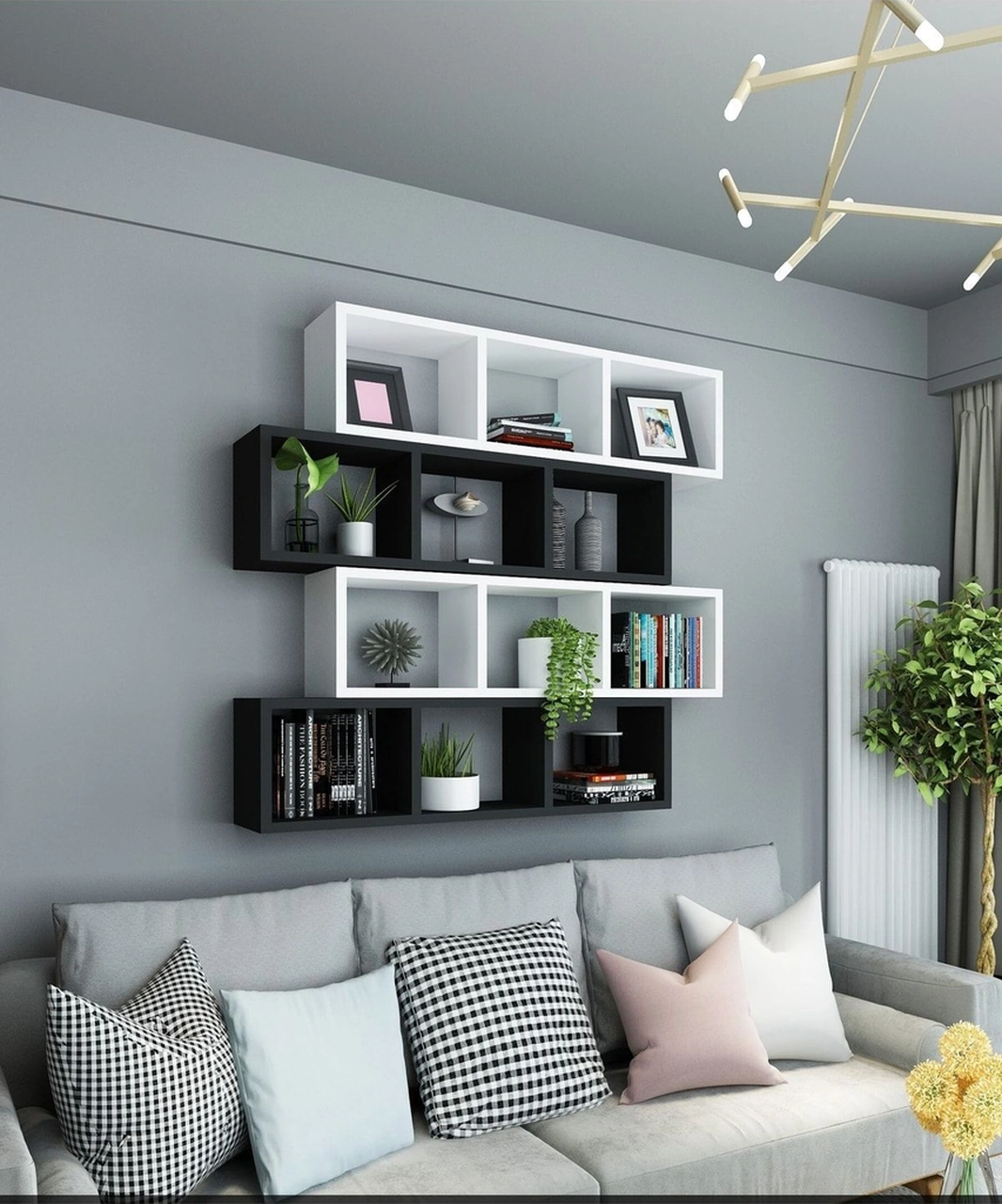 Kitaplık Lux Yatay Duvar Rafı Siyah Beyaz 4 Lü Takım Siyah Beyaz