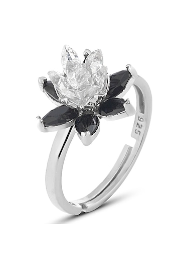 Zanaatsilver 925 Ayar Gümüş Siyah Taşlı Rodyumlu Lotus Nilüfer Çiçeği