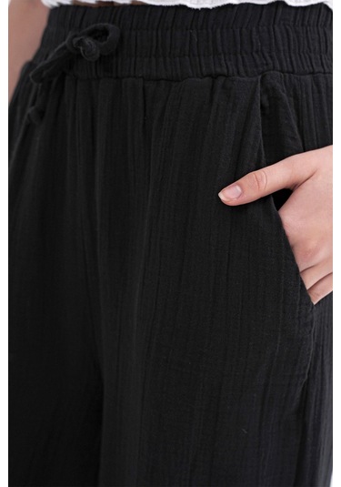 4286 Kadın Bol Paça Beli Lastikli Müslin Palazzo Pantolon Siyah Siyah